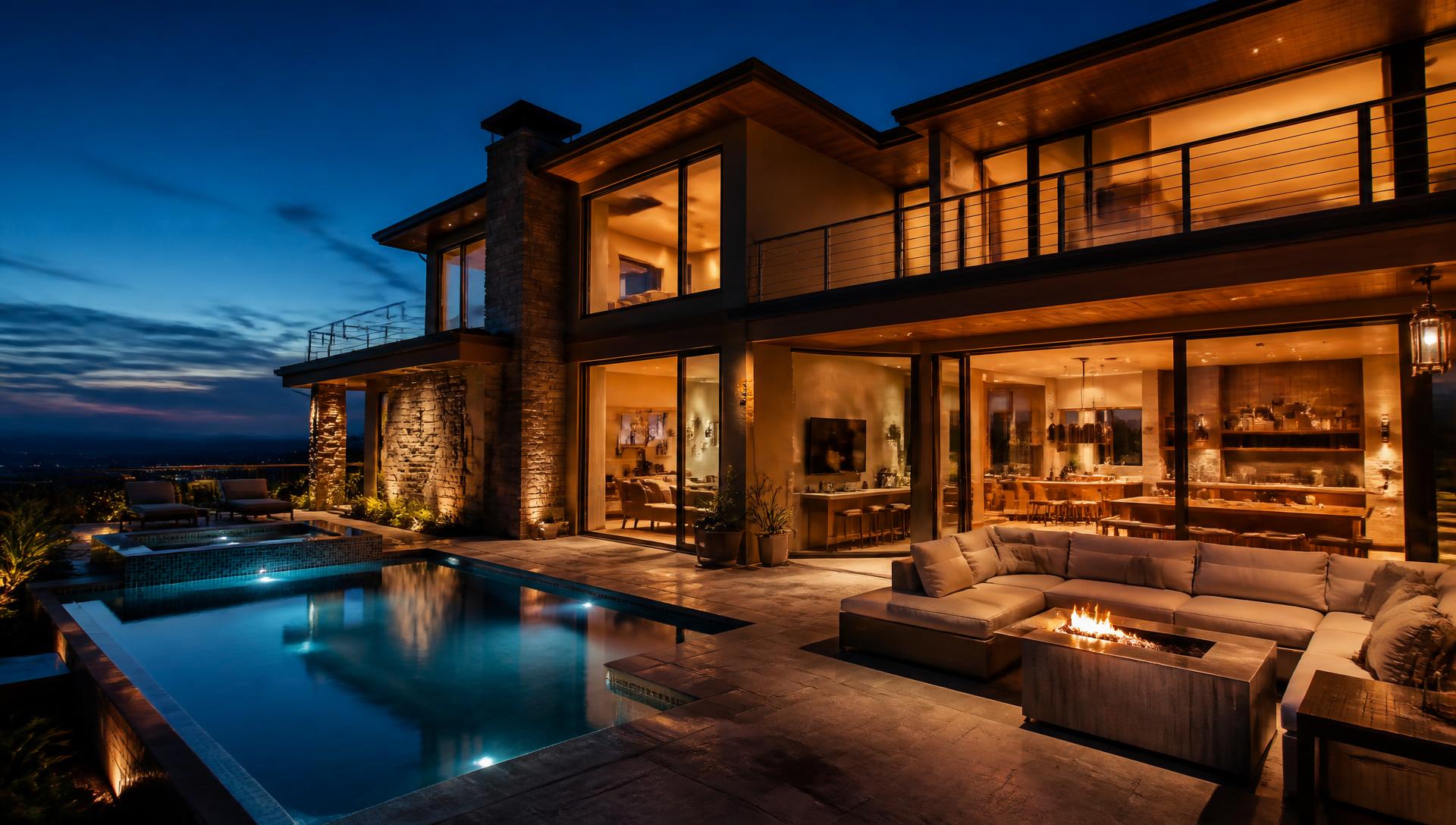 Luxury home at twilight with lit pool and outdoor lounge