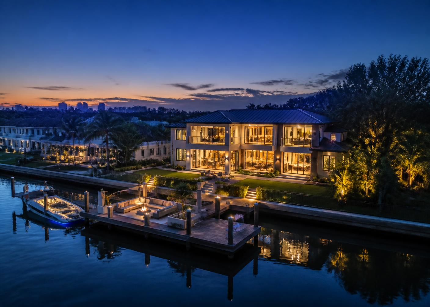 Aerial view of a waterfront luxury home at dusk